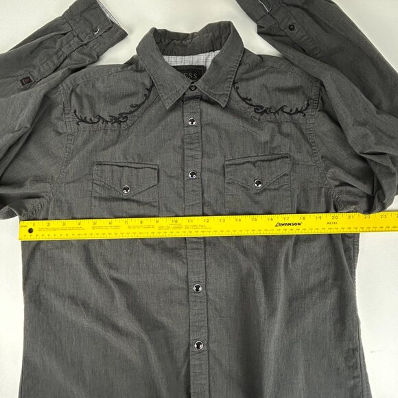 Guess Shirt Mens L Pearl Snaps Embroidered Grey Contrast Trim Western Cowboy - Picture 9 of 15